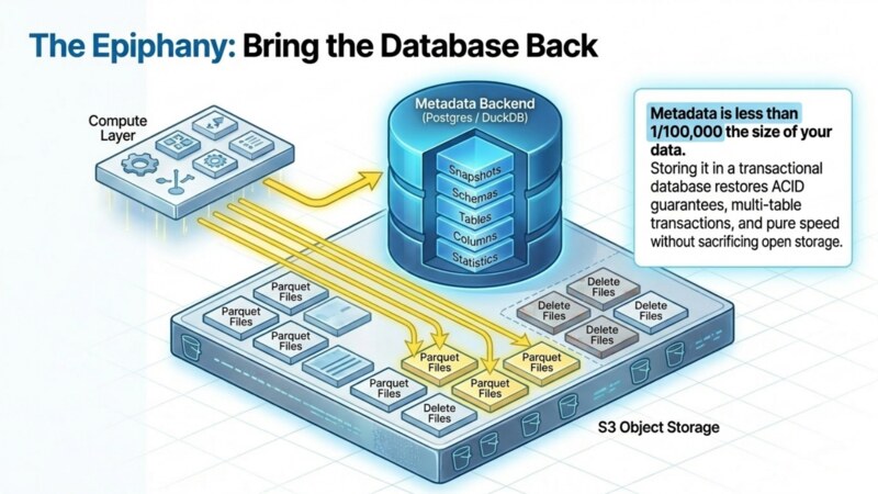 Architecture diagram of a geospatial lakehouse with a metadata database and S3 object storage